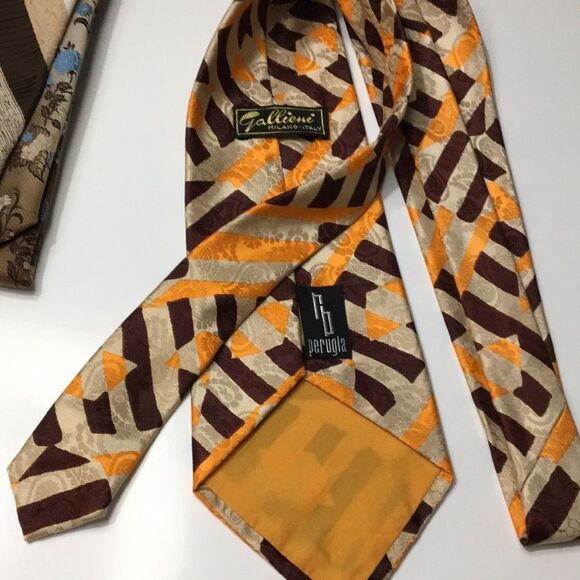 Vintage Gallieni Silk Neck Tie Made In Italy Tan/Gold/Brown Geometric Print - Picture 5 of 13
